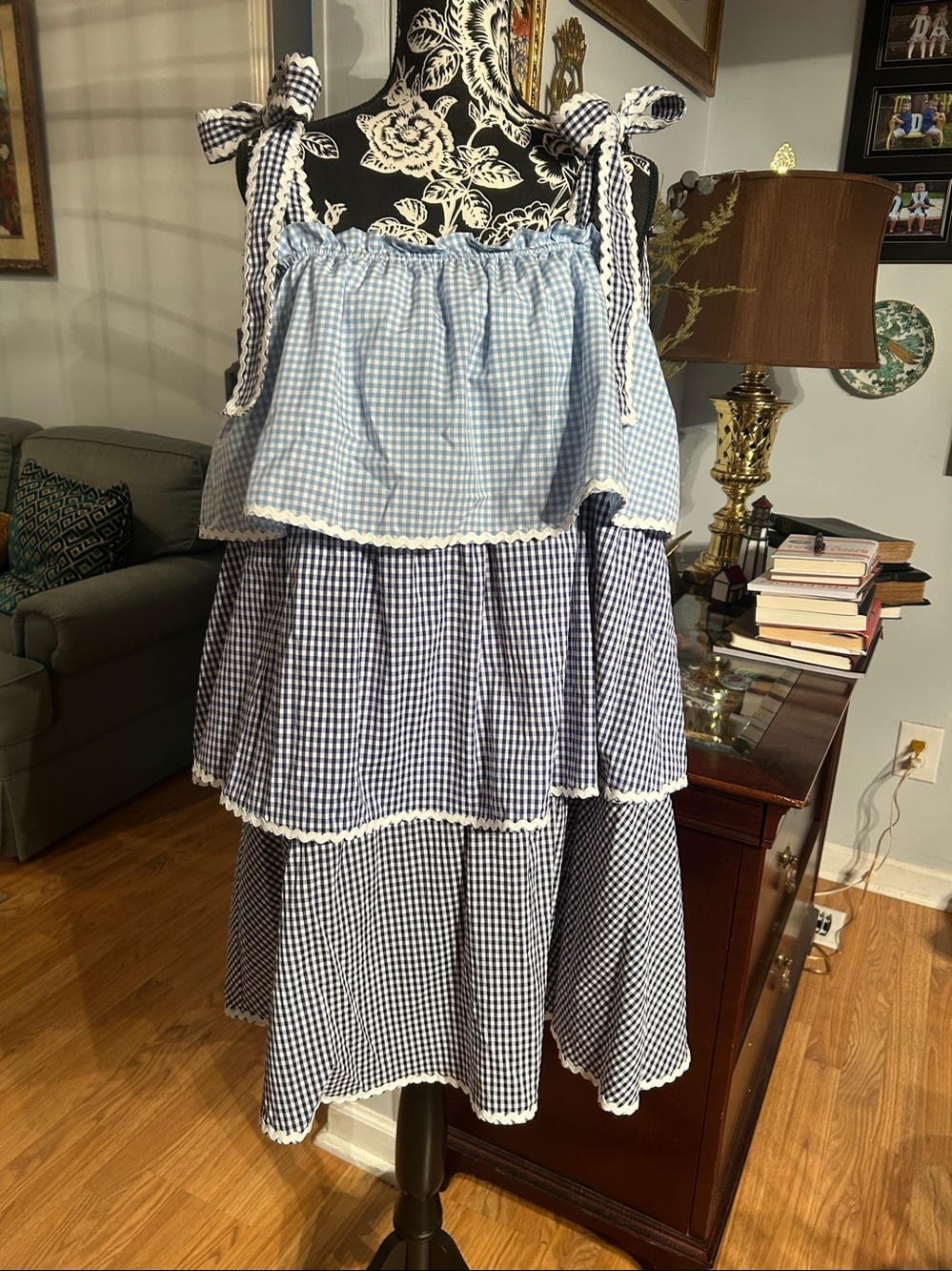 English Factory Blue Gingham Tiered Ruffle Midi Dress Size M